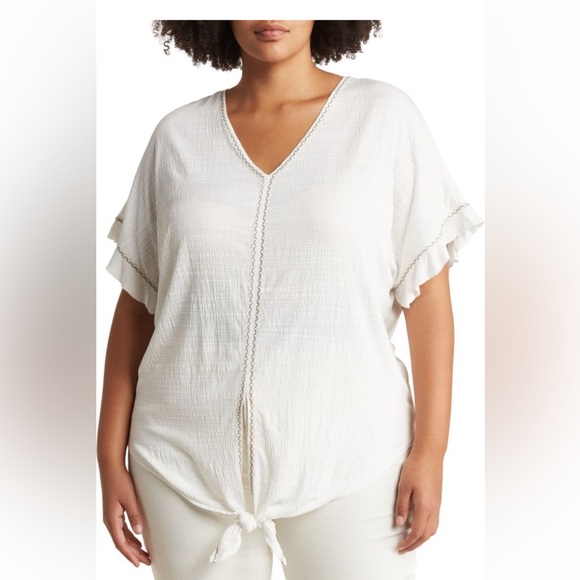 Max Studio white short sleeve tie shirt - plus size - Picture 1 of 6